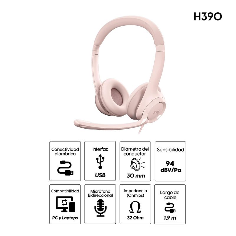 Logitech H390 cableado Headset for PC/Laptop, rosa · Auricular · en oreja · cableado · USB-A · rosa · 981-001280 - Logitech 981-001280