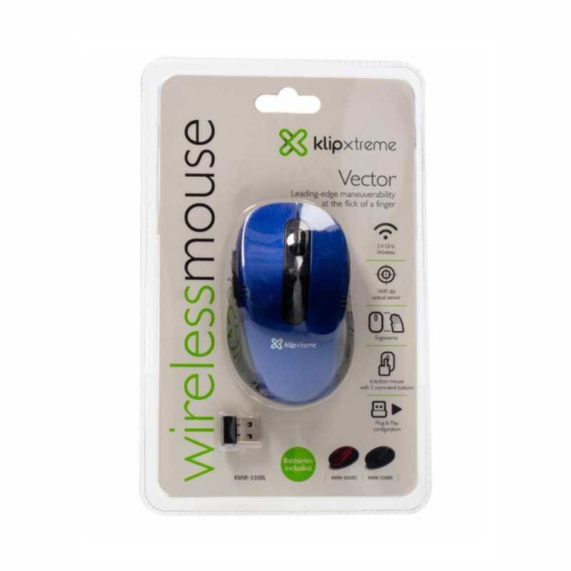 Klip Xtreme KMW-330 Vector · Ratón · ergonómico · óptico · 6 botones · inalámbrico · 2.4 GHz · receptor inalámbrico USB · azul · KMW-330BL - Klip Xtreme KMW-330BL