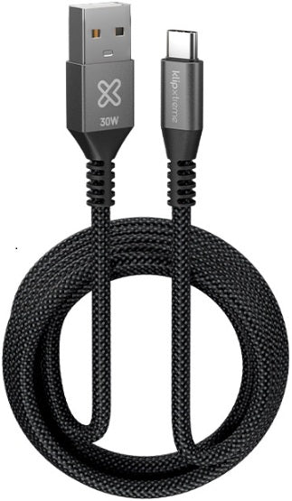 Klip Xtreme USB cable · 24 pin USB · C · 9 pin USB Type A · 3 m · Black · 30W Braided Fast charging · KAC-050-10FT