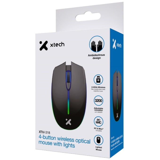 Xtech · XTM-318 · Ratón · 2.4 GHz · inalámbrico · negro · 4 buttons with Light 3200 dpi - Xtech XTM-318